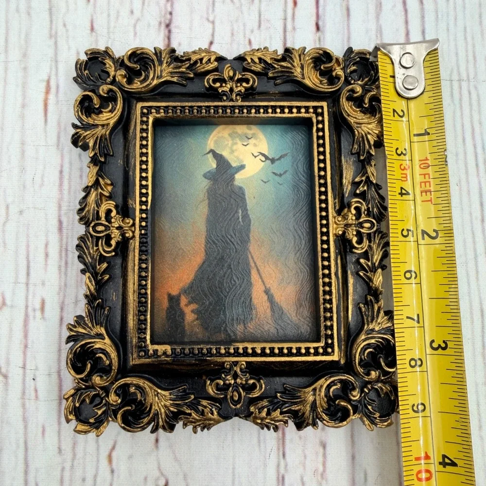 Miniature Gothic Witch Art Print Black Gold Ornate Baroque Resin Frame 4x3.25